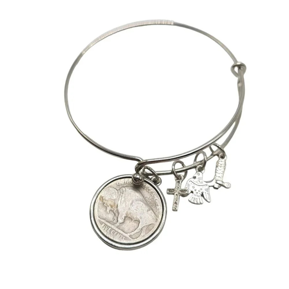 Western Charm Silver Tone Buffalo Nickel Obverse Coin Bangle Bracelet